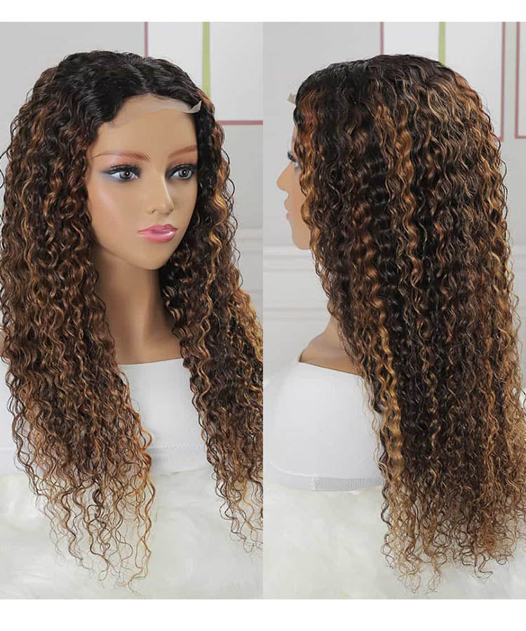 Highlight Curly Human Hair Wig 4x4 Lace Closure Wig Pre Plucked