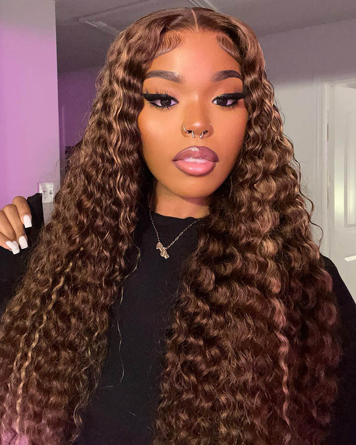 P4/27 Highlight Water Wave Lace Closure Human Hair Wigs Pre Plucked With Baby Hair