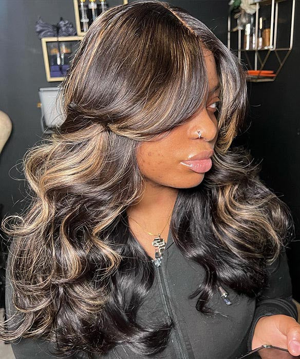 Curtain Bangs Highlight Honey Blonde Colored Body Wave Human Hair 13x4/5x5 HD Lace  Wigs