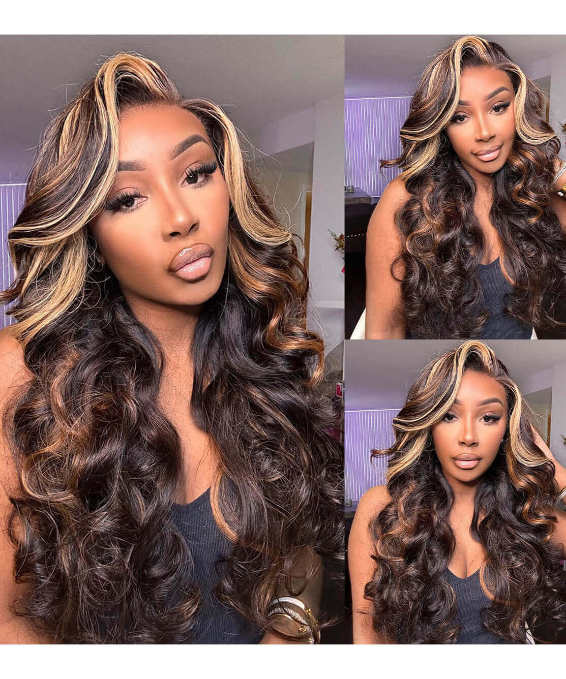 Balayage Highlight Brown With Honey Blonde Skunk Stripe Glueless Wig Pre Cut 5x5 Lace Pre Bleached Knots