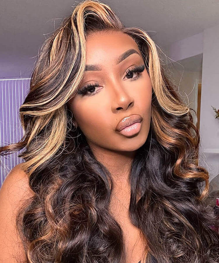 Balayage Highlight Brown With Honey Blonde Skunk Stripe Glueless Wig Pre Cut 5x5 Lace Pre Bleached Knots