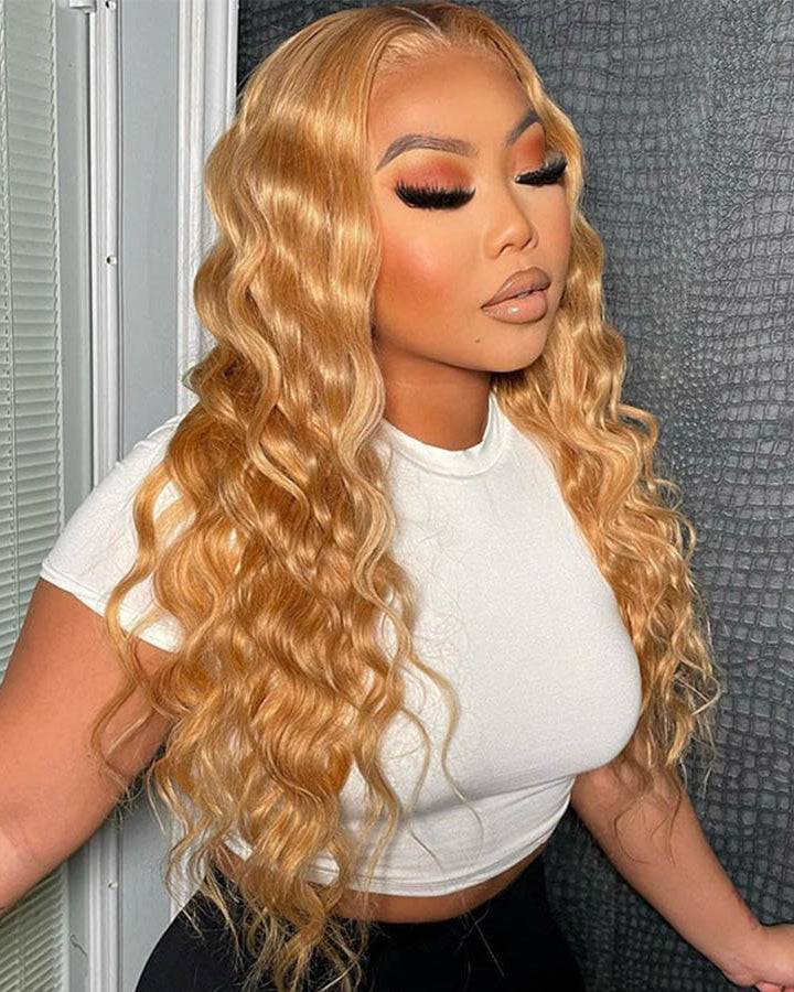 Glueless Loose Deep 4x4 13×4 HD Lace Wig Honey Blonde #27 Colored Wigs