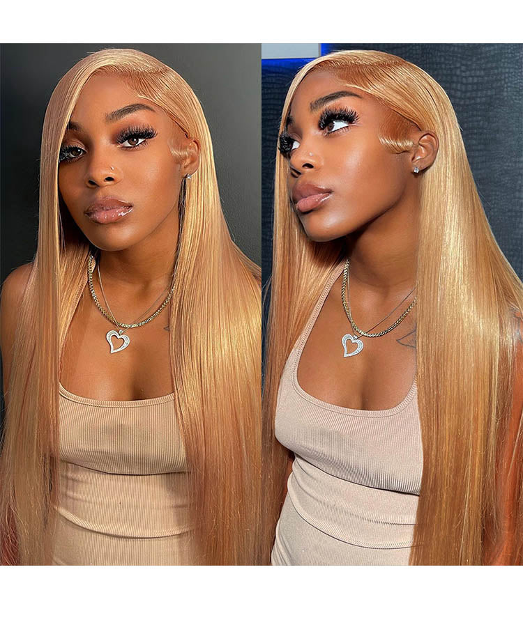 #27 Honey Blonde Straight Hair 13x4 HD Transparent Lace Frontal Wig