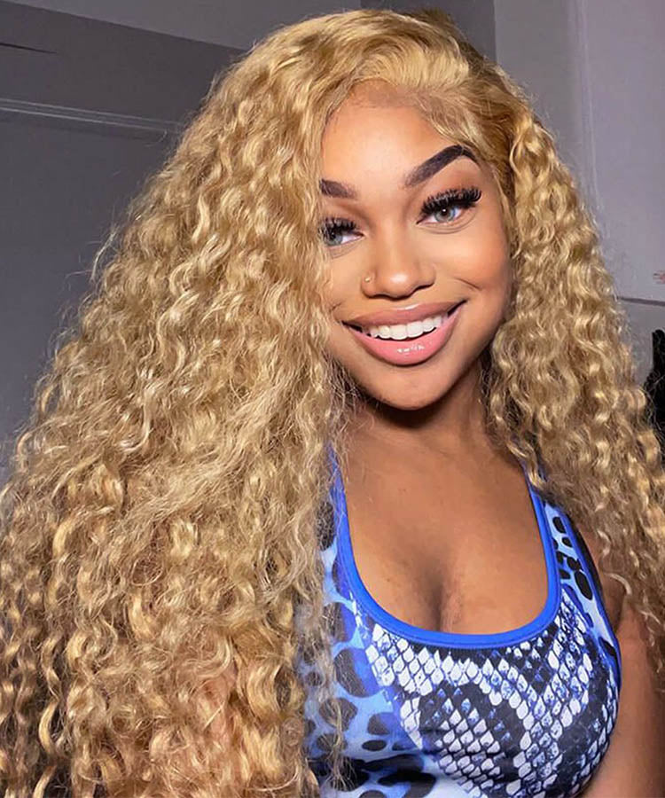 Honey Blonde #27 Colored HD Lace Frontal Human Hair Wigs Water Wave Wigs For Women