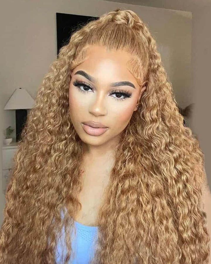Honey Blonde #27 Colored HD Lace Frontal Human Hair Wigs Water Wave Wigs For Women