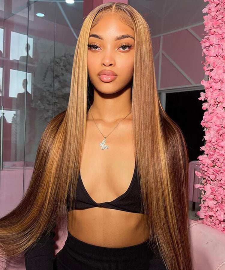 Honey Blonde Piano Highlight Straight Hair 13x4 Lace Wigs Colored Human Hair Wigs