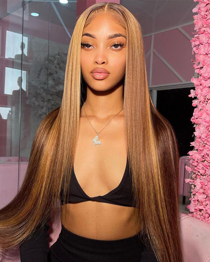 Honey Blonde Piano Highlight Straight Hair 13x4 Lace Wigs Colored Human Hair Wigs