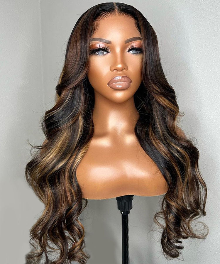 Highlight Body Wave Human Hair Wigs 13x6 Transparent Lace Frontal Wig Pre Plucked