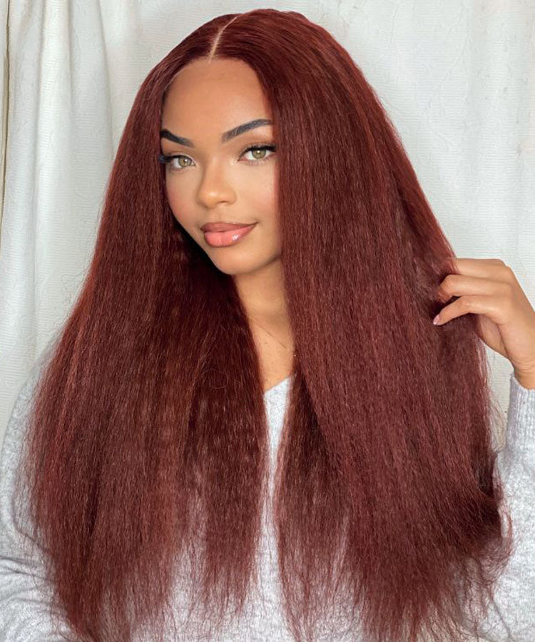 Kinky Straight #33 Reddish Brown Color 13x4 Lace Front Wig Glueless Lace wig  – karlami