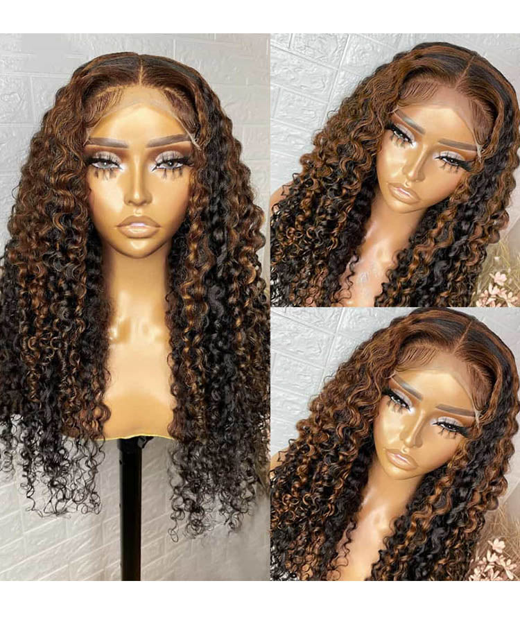 Highlight Curly Human Hair Wig 4x4 Lace Closure Wig Pre Plucked