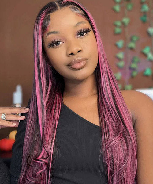 Purple Pink Highlight Mix Colored Lace Front Closure Human Hair Wig