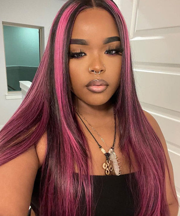 Purple Pink Highlight Mix Colored Lace Front Closure Human Hair Wig