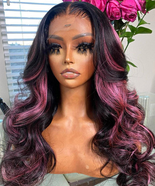 Purple Pink Highlight Mix Colored Lace Front Closure Human Hair Wig