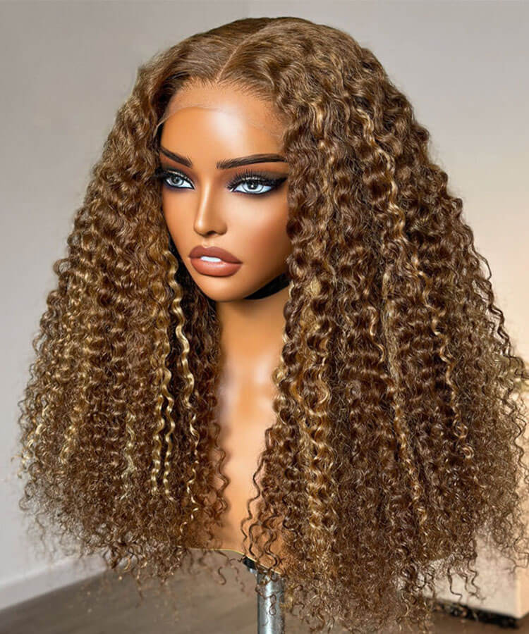 Curly Honey Blonde Highlight Lace Wigs Virgin Human Hair Wigs Pre Plucked With Baby Hair