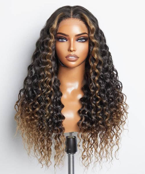Beyonce Style|Brown Ombre Highlights Water Wave 13x4 HD Lace Frontal Wig