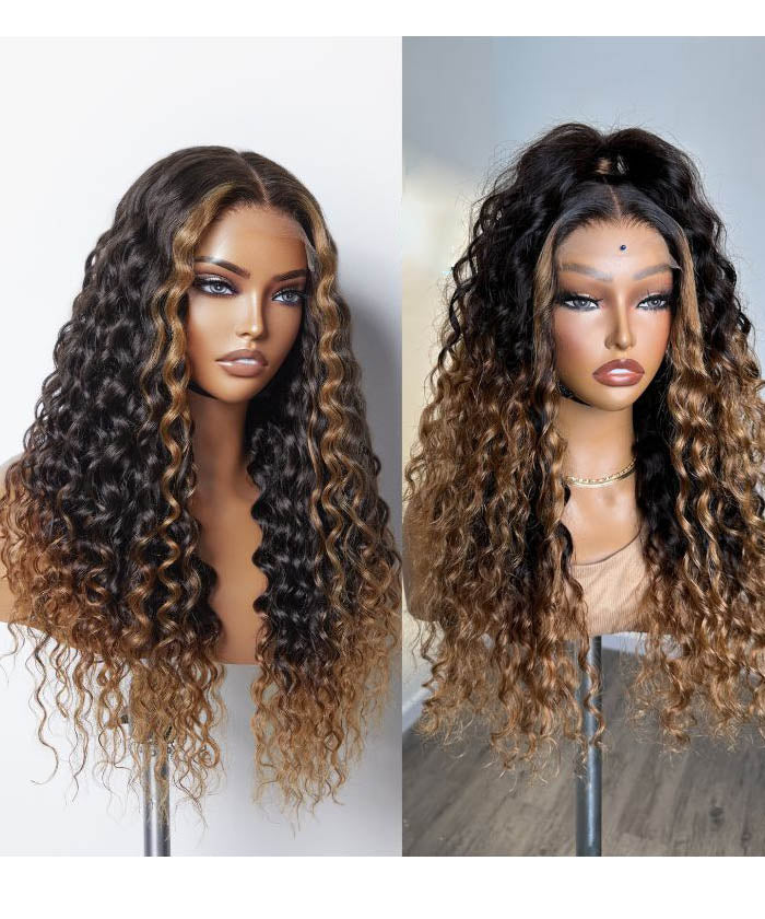 Beyonce Style|Brown Ombre Highlights Water Wave 13x4 HD Lace Frontal Wig