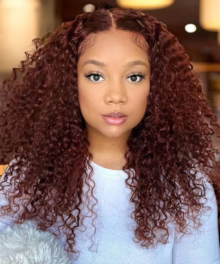 Karlami Kinky Curly Reddish Brown 13x4 Lace Front Wig Auburn Copper Color Human Hair Wigs
