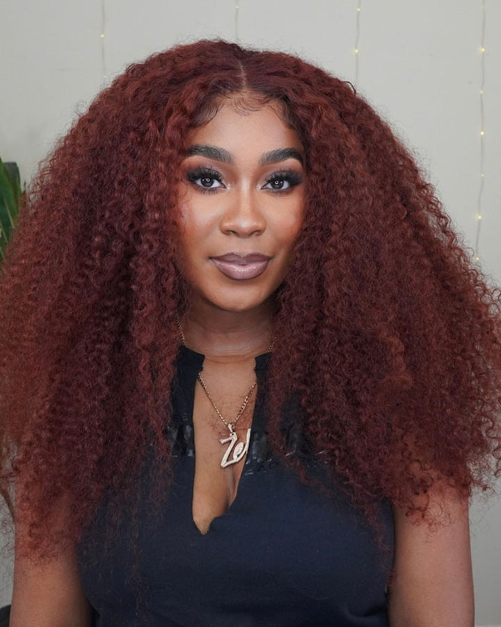 Karlami Kinky Curly Reddish Brown 13x4 Lace Front Wig Auburn Copper Color Human Hair Wigs