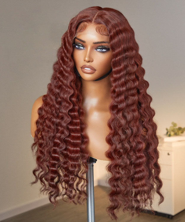 Auburn Reddish Brown Deep Wave #33 Colored Lace Closure Wig For Black Women