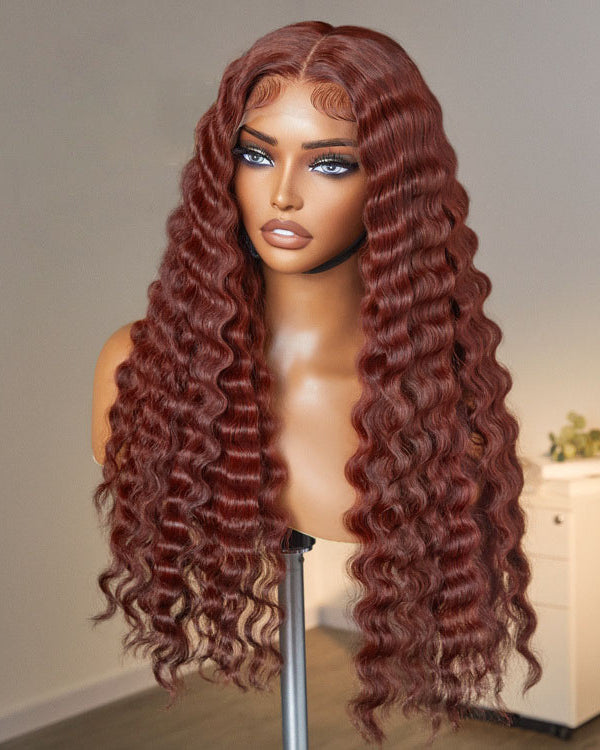 Auburn Reddish Brown Deep Wave #33 Colored Lace Closure Wig For Black Women