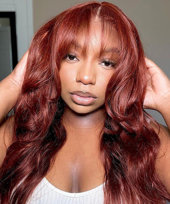 Reddish Brown Body Wave Wig With Layered Bangs Glueless Human Hair Wig
