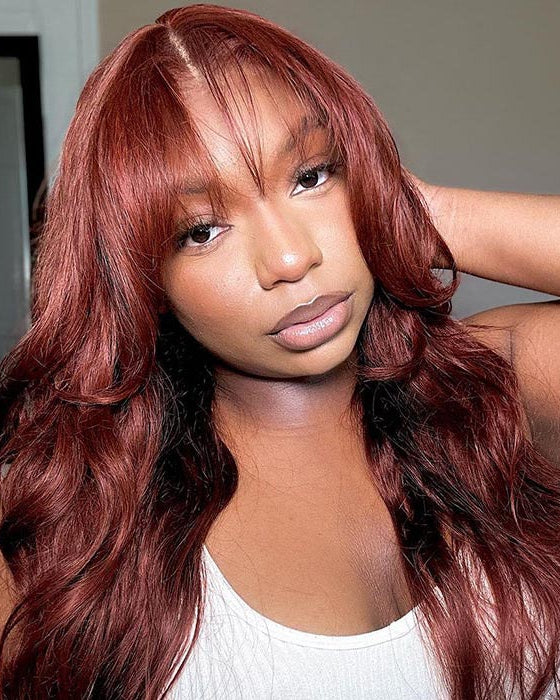 Reddish Brown Body Wave Wig With Layered Bangs Glueless Human Hair Wig