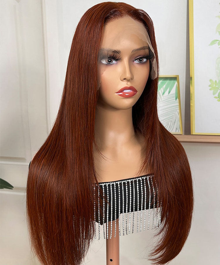 Reddish Brown Bone Straight 13x4 Lace Front Wig Human Hair With Layer Inner Buckle Auburn Copper Color
