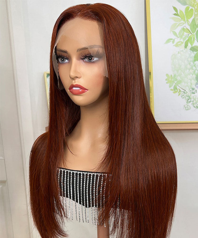 Reddish Brown Bone Straight 13x4 Lace Front Wig Human Hair With Layer Inner Buckle Auburn Copper Color