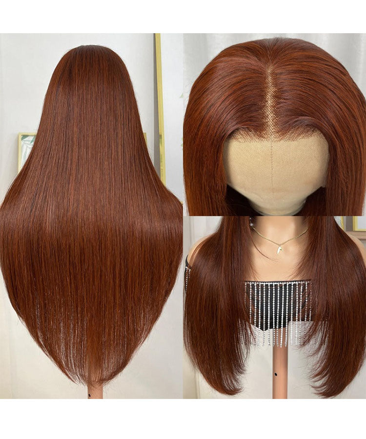 Reddish Brown Bone Straight 13x4 Lace Front Wig Human Hair With Layer Inner Buckle Auburn Copper Color