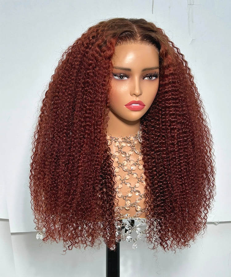 Afro Curly Dark Roots #4/33 Reddish Brown Colored Human Hair Wigs