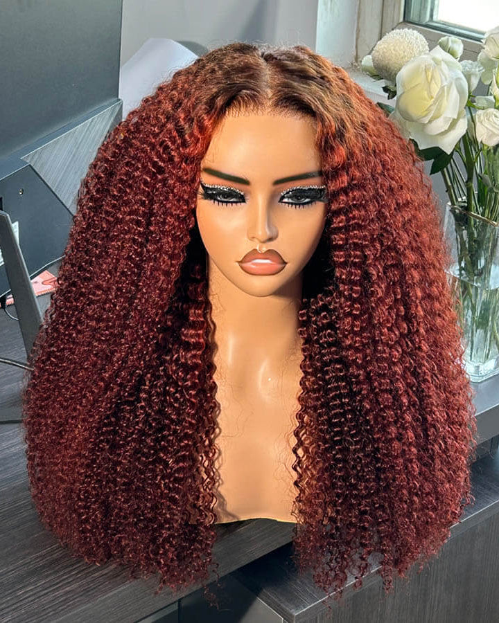 Afro Curly Dark Roots #4/33 Reddish Brown Colored Human Hair Wigs