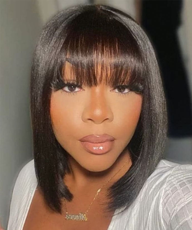 Short Bob Wigs Straight 13x4 Lace Front Shoulder Lenght Black Bob Wig With Blunt Bangs