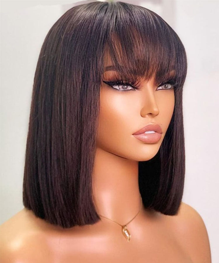 Short Bob Wigs Straight 13x4 Lace Front Shoulder Lenght Black Bob Wig With Blunt Bangs