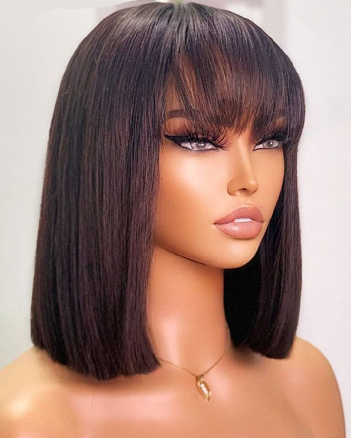 Short Bob Wigs Straight 13x4 Lace Front Shoulder Lenght Black Bob Wig With Blunt Bangs
