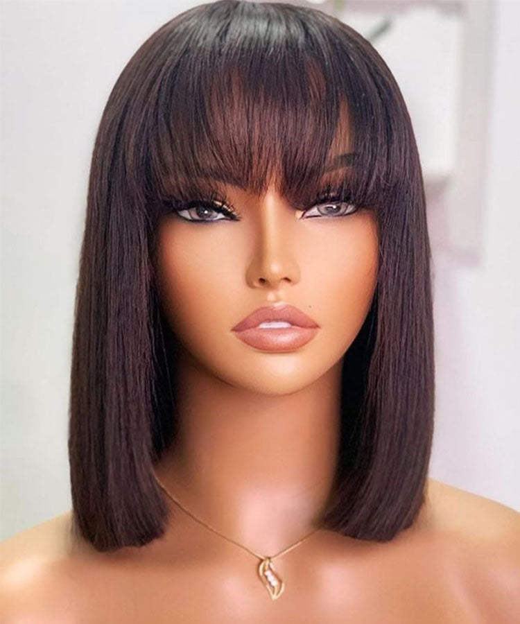 Short Bob Wigs Straight 13x4 Lace Front Shoulder Lenght Black Bob Wig With Blunt Bangs