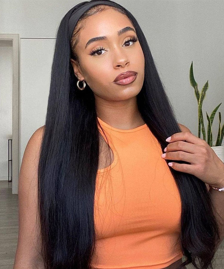 Glueless Headband Wig Black Long Straight Human Hair Wigs 150% Density