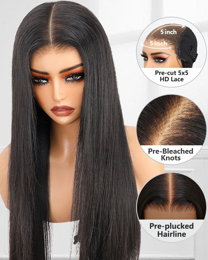 5x5 Invisible Lace Closure Glueless Wigs Long Straight Human Hair Wigs 180% Density
