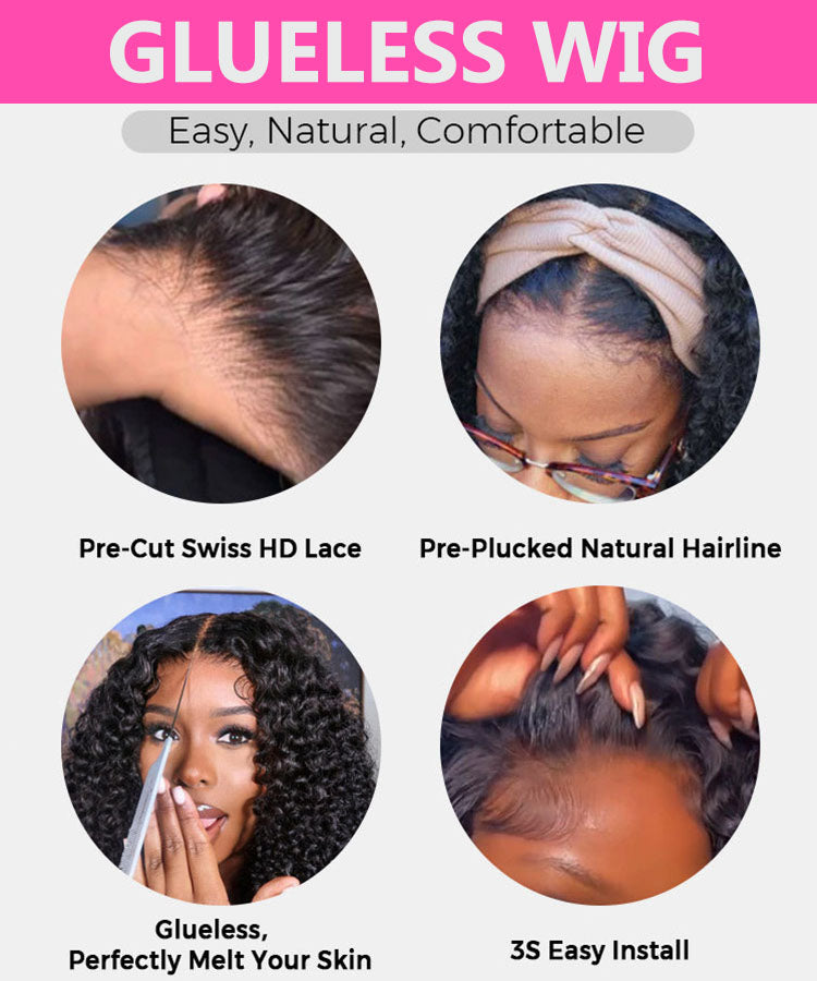 Put On and Go 5x5 Pre-cut Glueless Lace Wig Natural Color Kinky Curly Human Hair