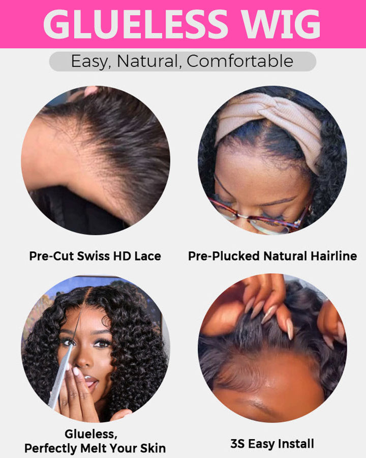 Put On and Go 5x5 Pre-cut Glueless Lace Wig Natural Color Kinky Curly Human Hair