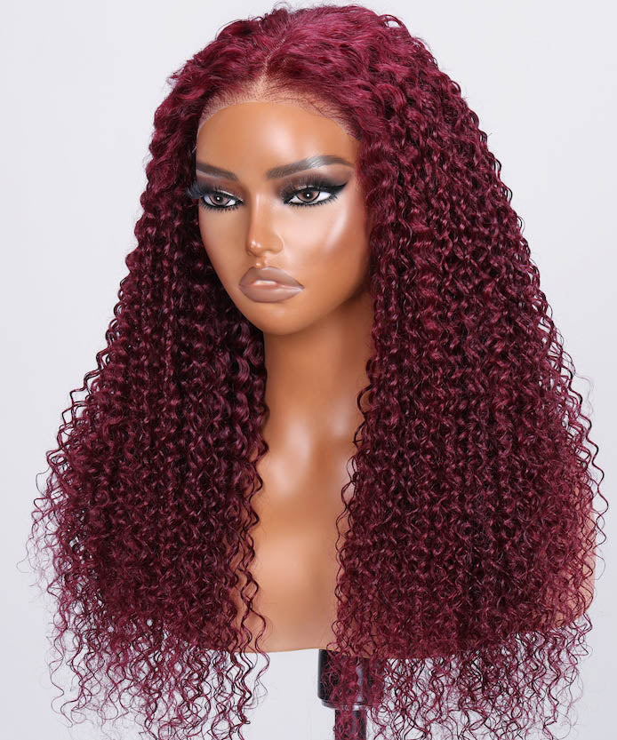 Put On And Go 5x5 Pre-Cut Lace Burgundy Jerry Curly Colroed Wig
