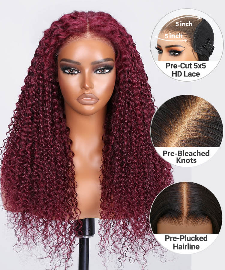 Put On And Go 5x5 Pre-Cut Lace Burgundy Jerry Curly Colroed Wig