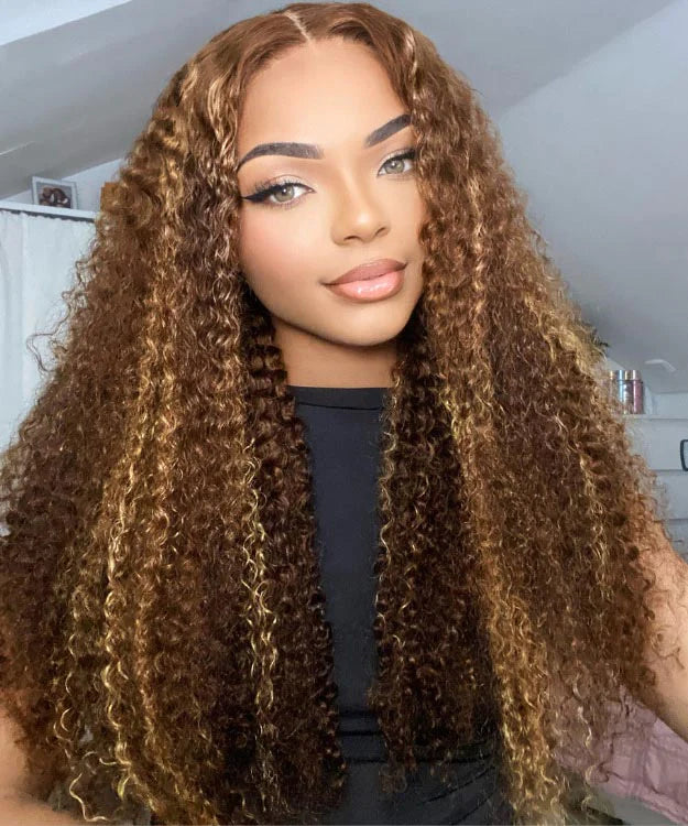 Curly Honey Blonde Highlight Lace Wigs Virgin Human Hair Wigs Pre Plucked With Baby Hair