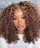 Curly Honey Blonde Highlight Lace Wigs Virgin Human Hair Wigs Pre Plucked With Baby Hair