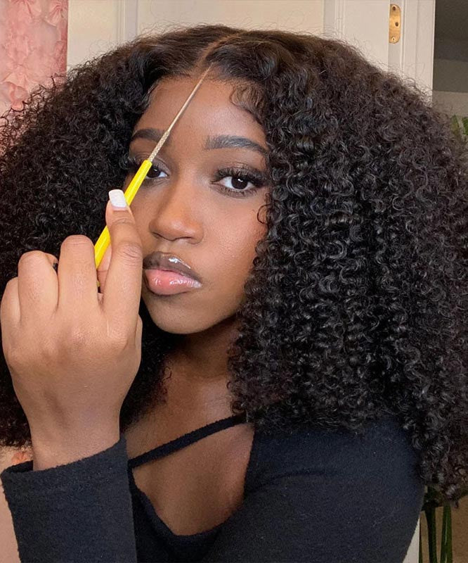 Put On and Go 5x5 Pre-cut Glueless Lace Wig Natural Color Kinky Curly Human Hair